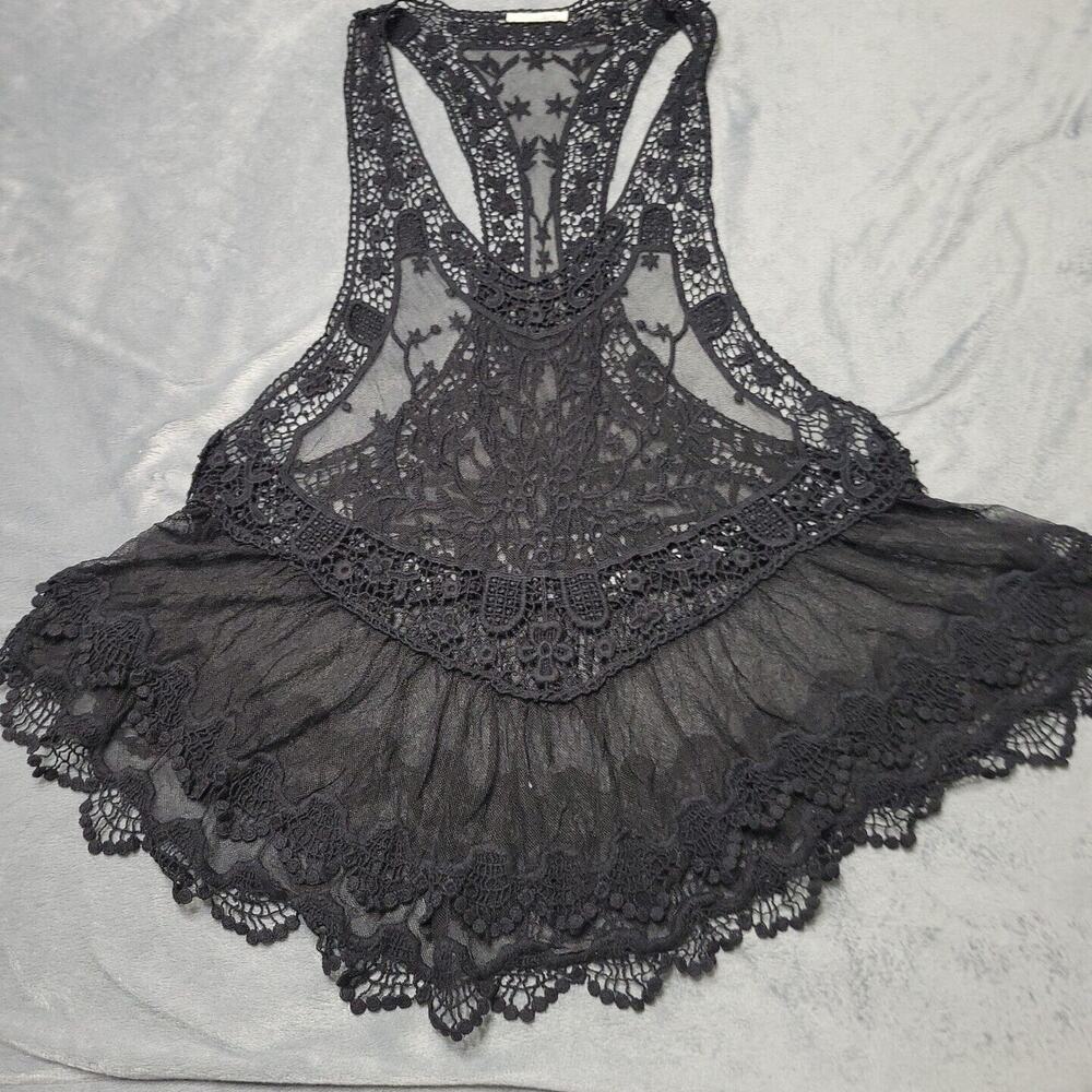Style Nanda Shirt Womens Small‎ Black Boho Lace Sheer Layering Comfort Tank Top
